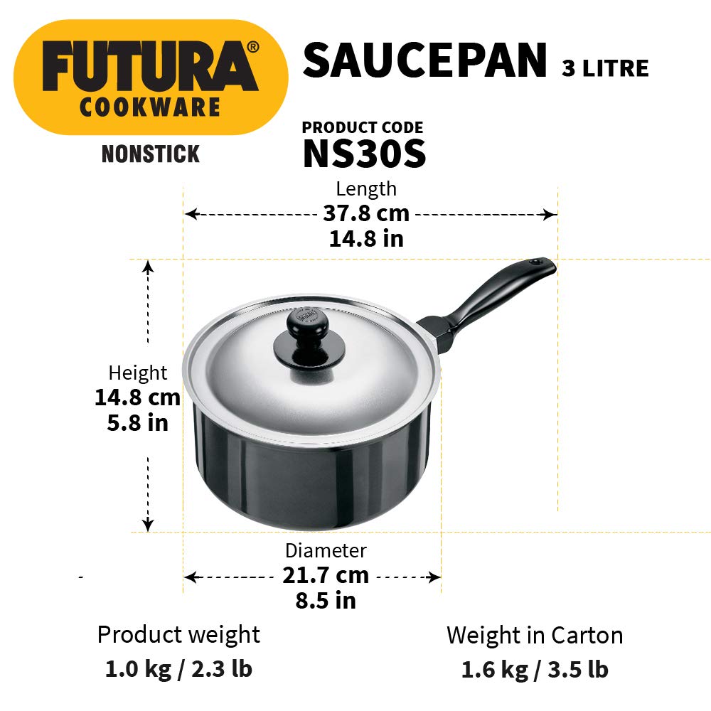 Hawkins Futura 3 Litre Saucepan, Non Stick Sauce Pan with Stainless Steel Lid, Small Sauce Pan, Black (NS30S)