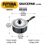 Hawkins Futura 3 Litre Saucepan, Non Stick Sauce Pan with Stainless Steel Lid, Small Sauce Pan, Black (NS30S)