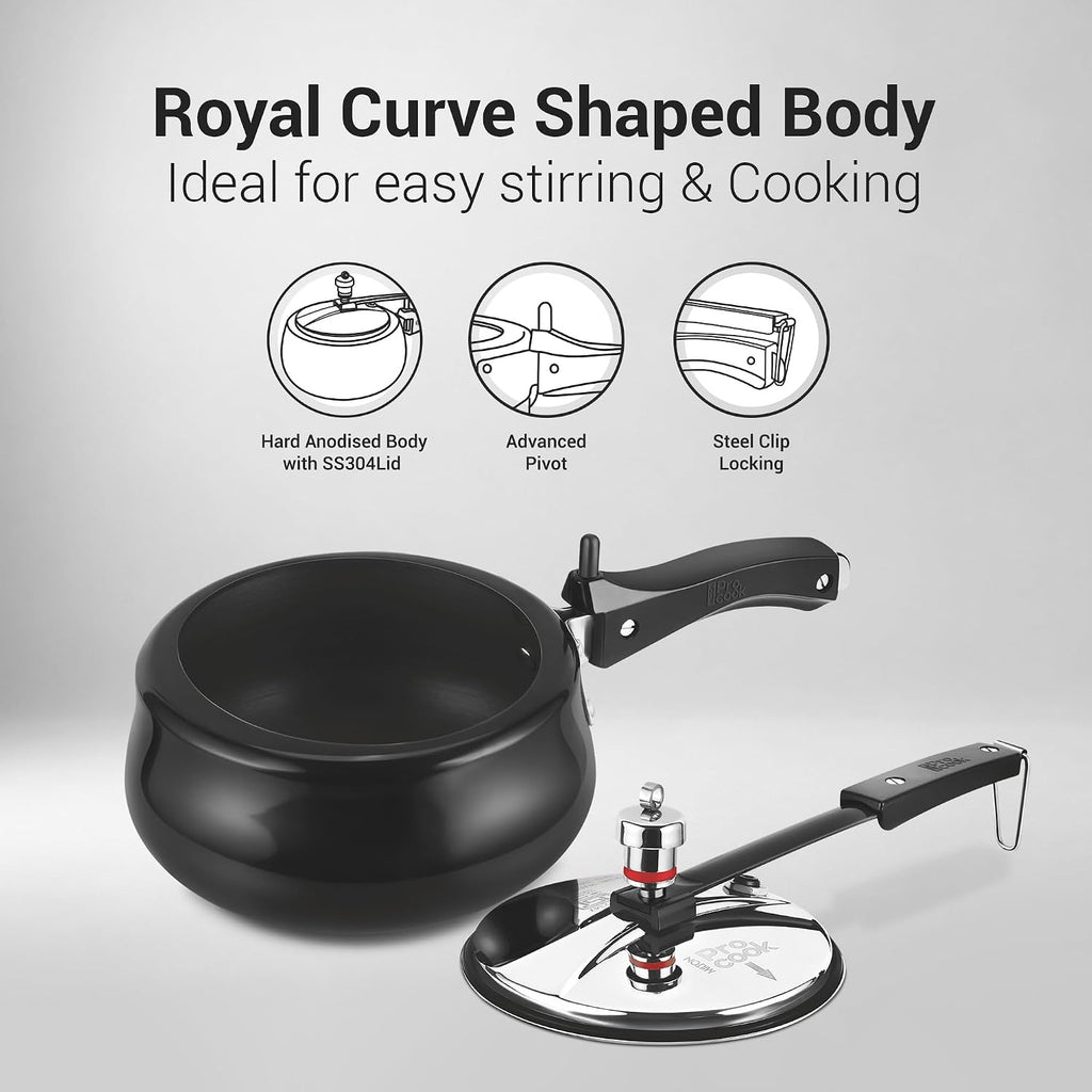 Milton Pro Cook Induction Cookware & Gas Stove Friendly Hard Anodized Royal Curve Pressure Cooker 2 Litre | SS304 Stainless Steel Inner Lid | 2X Harder Alloy Steel | ISI Certified | 5 Year Warranty