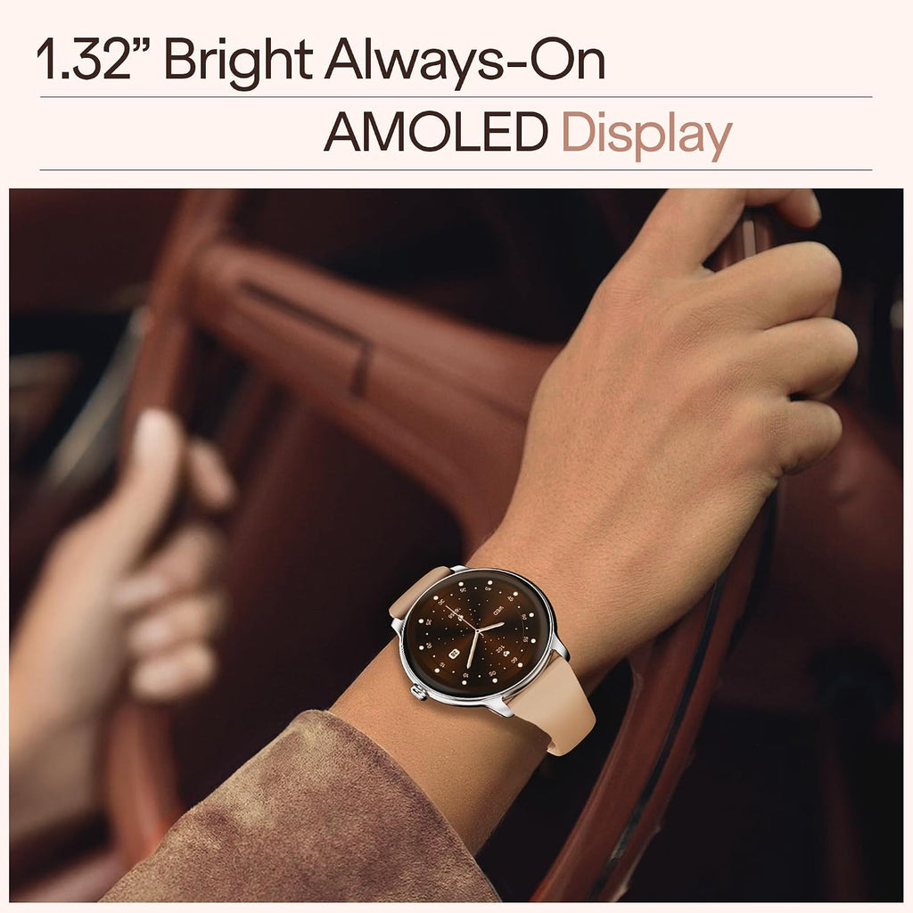 boAt Chrome Iris Fashion Smart Watch for Women - Elegant Ultra-Sleek Dial, Light-Weight Metal Body, 1.32" AMOLED Display, 1000 Nits, AOD, Female Wellness Tracking Watch for Woman (Silk Skin)