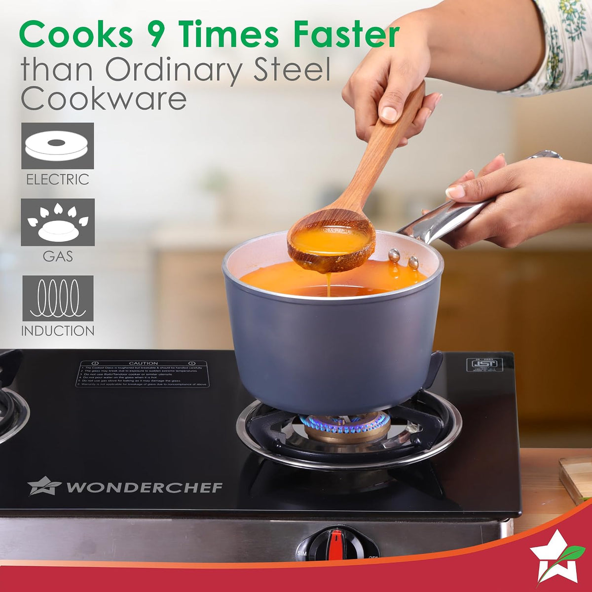 Wonderchef Eco-Glide Saucepan | Chemical-Free Ceramic Coating | 16cm, 1.75L | Healthy, Low Oil Meals | Scratch-Resistant | Stainless-Steel Handle | Gas & Induction Compatible | Grey | Easy to Clean