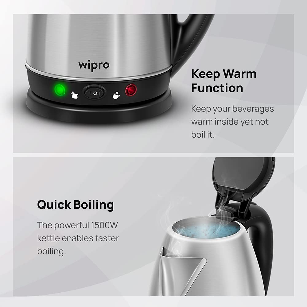 Wipro Vesta 1.8 Litre SS Kettle with Keep warm Function | Auto cut off | Dry Boil Protection & Over Heat Protection | 2 Years Warranty (SS, 1500 Watt)