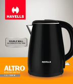 Havells Electric Kettle Altro 1250 Watts 1.5 liters, Double Layered Cool Touch Outer Body | 304 Rust Resistant SS Inner Body with Auto Shut Off | Wider Mouth | 2 Yr Manufacturer Warranty (Black)
