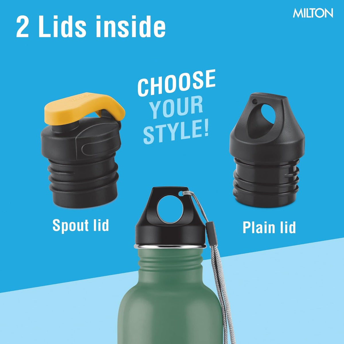 MILTON Marine 900 Stainless Steel Water Bottle, 2 Leakproof Lid, Single Walled, ISI Certified I For School, Office, Gym I 880 ml, Military Green