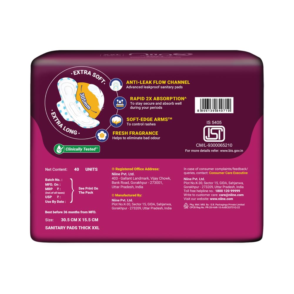 NIINE Naturally Soft XXL Sanitary Pads for Women | 40 Pads | 305MM | Cottony Soft Top Cover | Extra Coverage with Wider Back, Quick Absorption for Heavy Flow