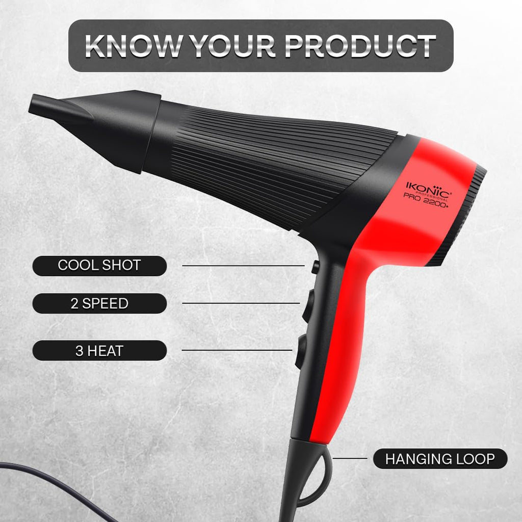 Ikonic Pro 2200+ Hair Dryer, 2200W Powerful AC Motor, Ionic Technology, 2 Speed & 3 Heat Setting, Cool Shot, Low Noise, Hair Diffuser & Nozzle, For Women & Men, All Hair Type (Black & Red)