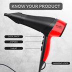 Ikonic Pro 2200+ Hair Dryer, 2200W Powerful AC Motor, Ionic Technology, 2 Speed & 3 Heat Setting, Cool Shot, Low Noise, Hair Diffuser & Nozzle, For Women & Men, All Hair Type (Black & Red)