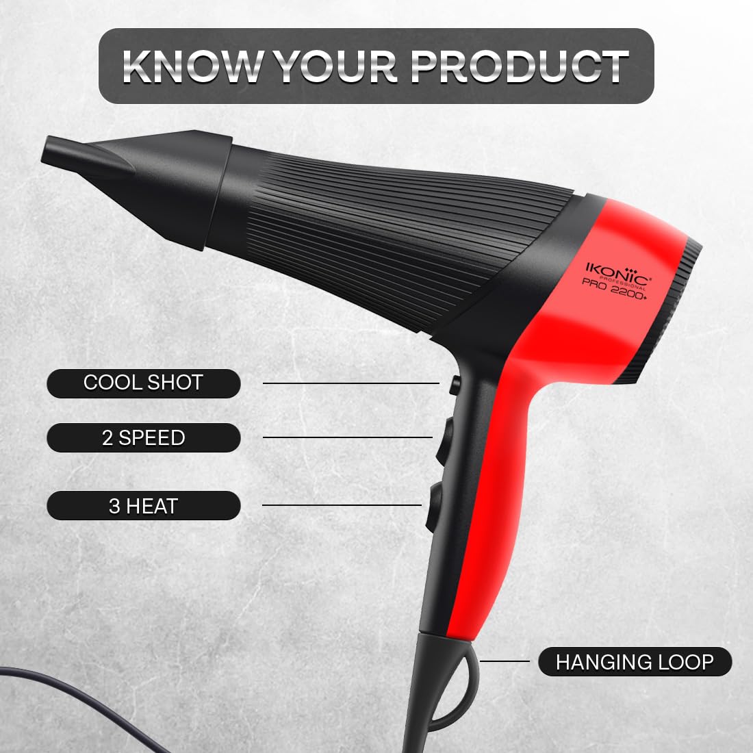 Ikonic Pro 2200+ Hair Dryer, 2200W Powerful AC Motor, Ionic Technology, 2 Speed & 3 Heat Setting, Cool Shot, Low Noise, Hair Diffuser & Nozzle, For Women & Men, All Hair Type (Black & Red)