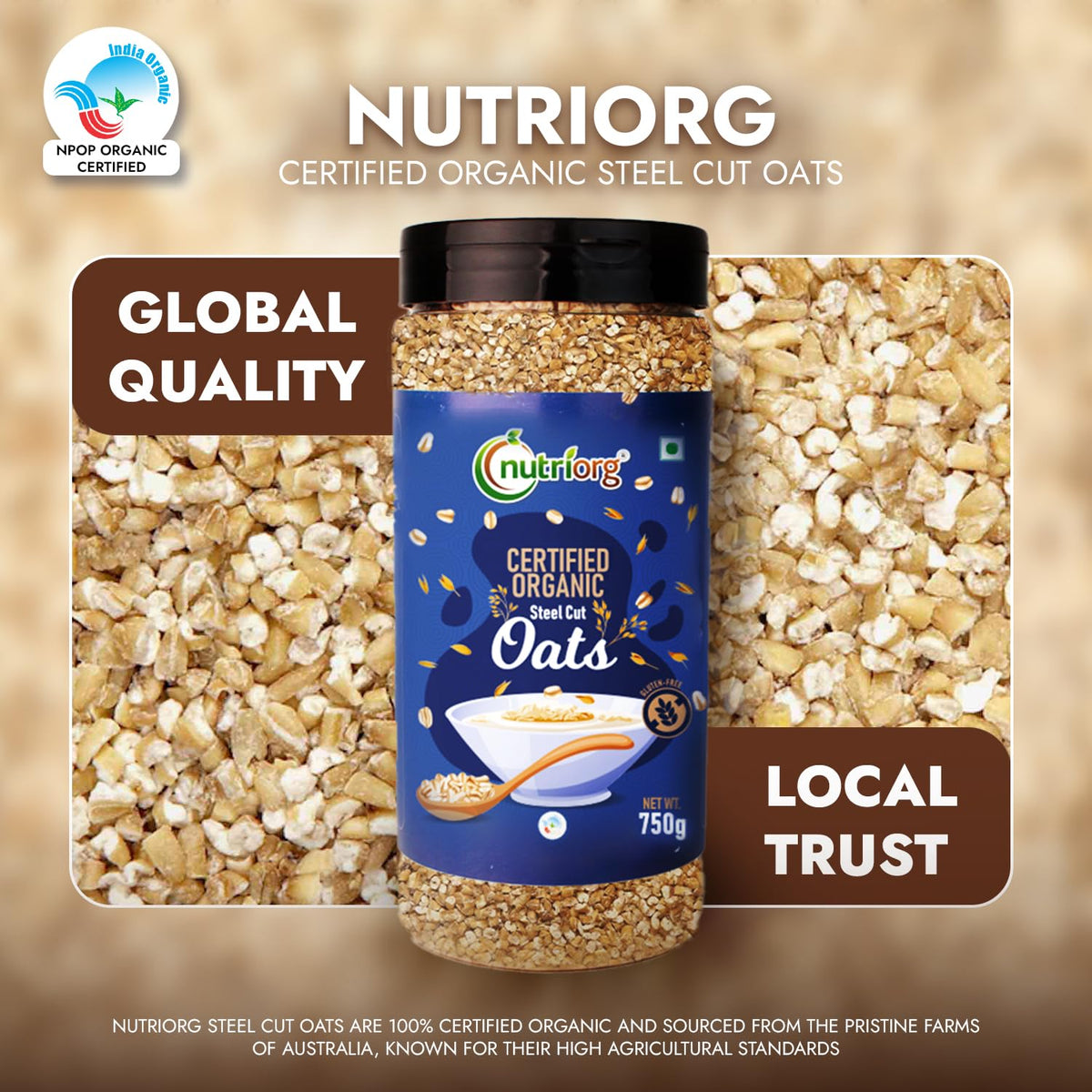 Nutriorg Organic Instant 400g & Steel Cuts Oats 750g (Combo of 2), Gluten Free, Weight Management, Fiber Rich Oats