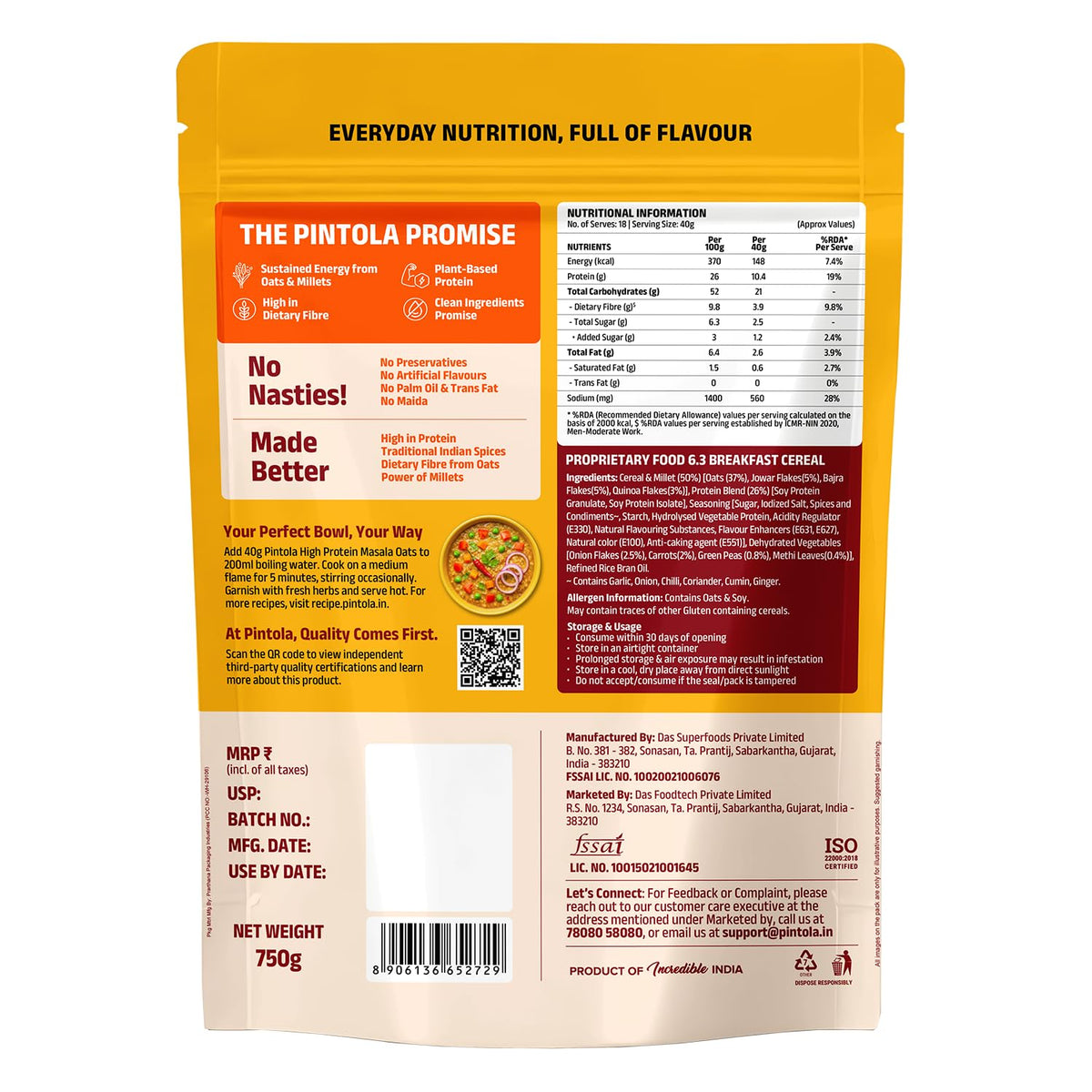 Pintola 26g High Protein Masala Oats 750g, Magic Masala, Breakfast Cereal with High Fiber & Veggies, No Palm Oil, No Preservatives, 5 min Healthy Snack, Helps Manage Weight, Gym Endurance & Gut Friendly
