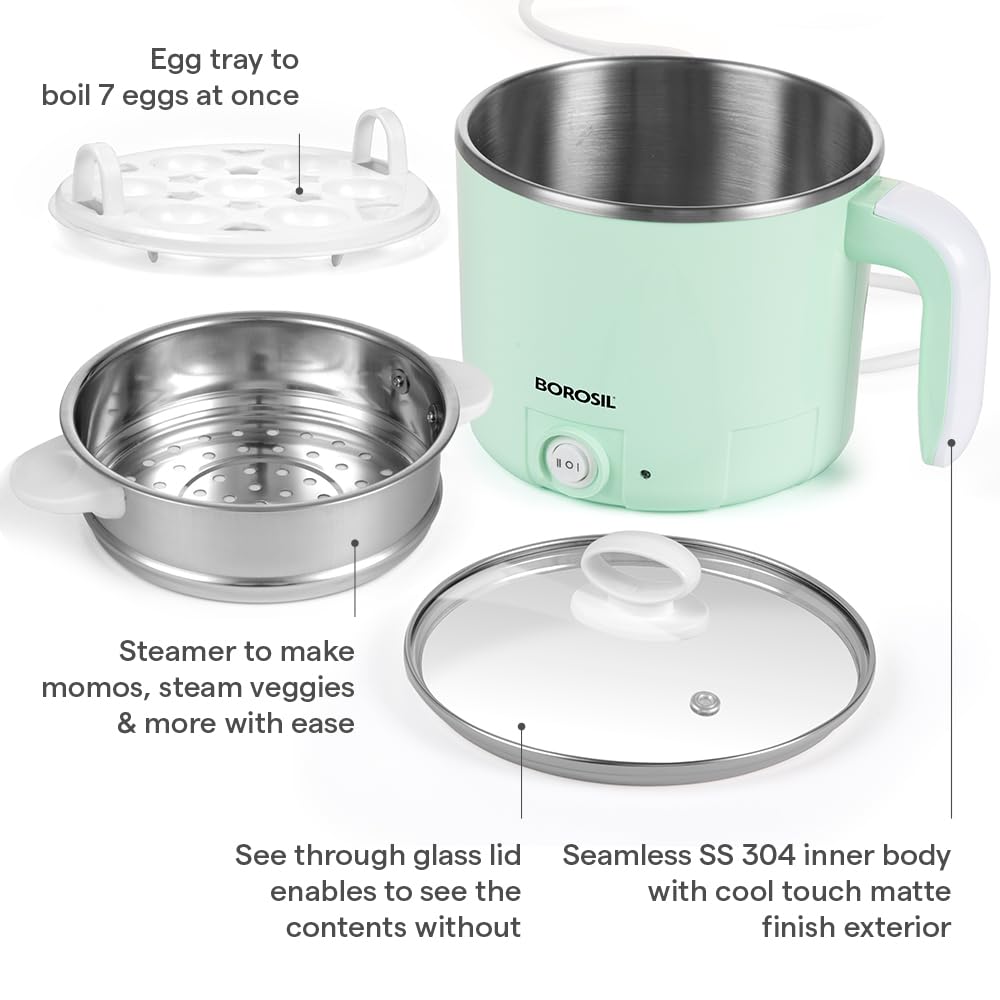Borosil 1.2L Klassic Made in India Electric Steel Kettle with Steamer | Temperature Control Knob, Overheat Protection | For Boiling & Steaming Vegetables, Momo, Egg, Tea, Coffee | 1 Year Warranty