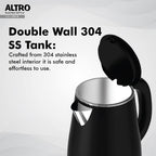 Havells Electric Kettle Altro 1250 Watts 1.5 liters, Double Layered Cool Touch Outer Body | 304 Rust Resistant SS Inner Body with Auto Shut Off | Wider Mouth | 2 Yr Manufacturer Warranty (Black)