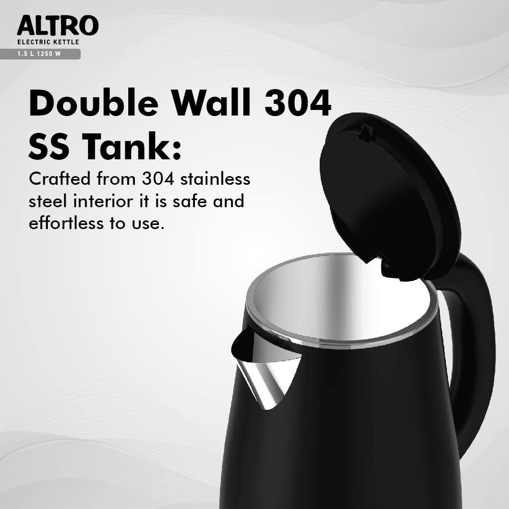 Havells Electric Kettle Altro 1250 Watts 1.5 liters, Double Layered Cool Touch Outer Body | 304 Rust Resistant SS Inner Body with Auto Shut Off | Wider Mouth | 2 Yr Manufacturer Warranty (Black)
