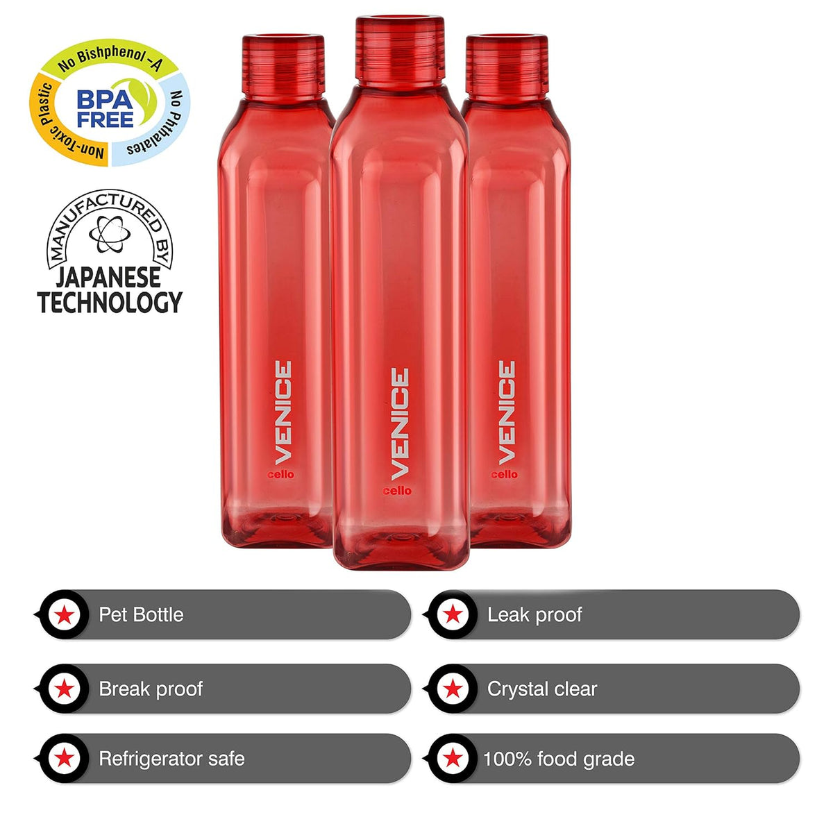 CELLO Venice Exclusive Edition Water Bottles Set of 3, 1000ml Each Red | Unbreakable, Food Grade, Air Tight, Leakproof Bottle Set | Reusable Set of Fridge Pet Water Bottles For Home, Office, Gifting