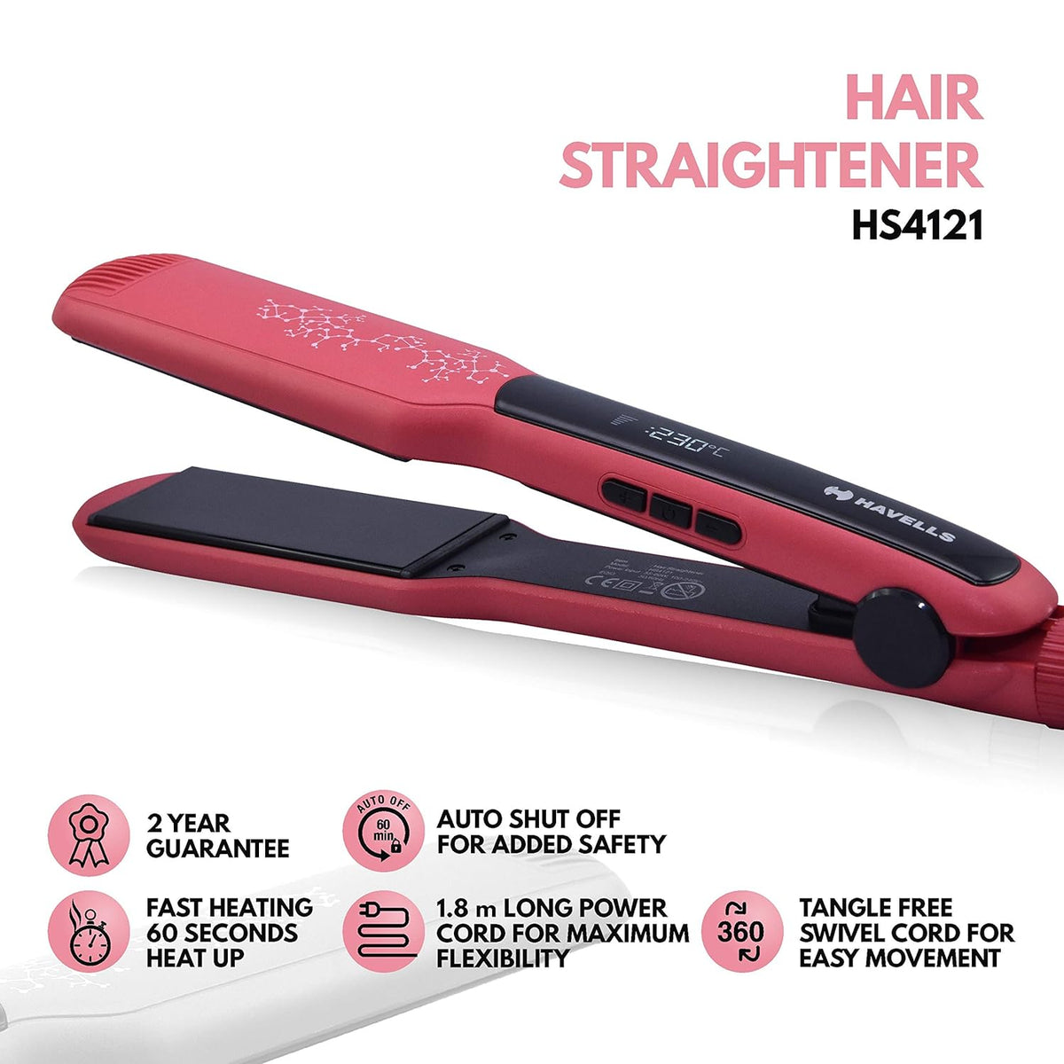Havells HS4121 Wide Plate Hair Straightener | 5 temperature settings | Digital Display | Instant Heating Technology| For all hair types| Worldwide Voltage Compatible| 2 Year Brand Guarantee