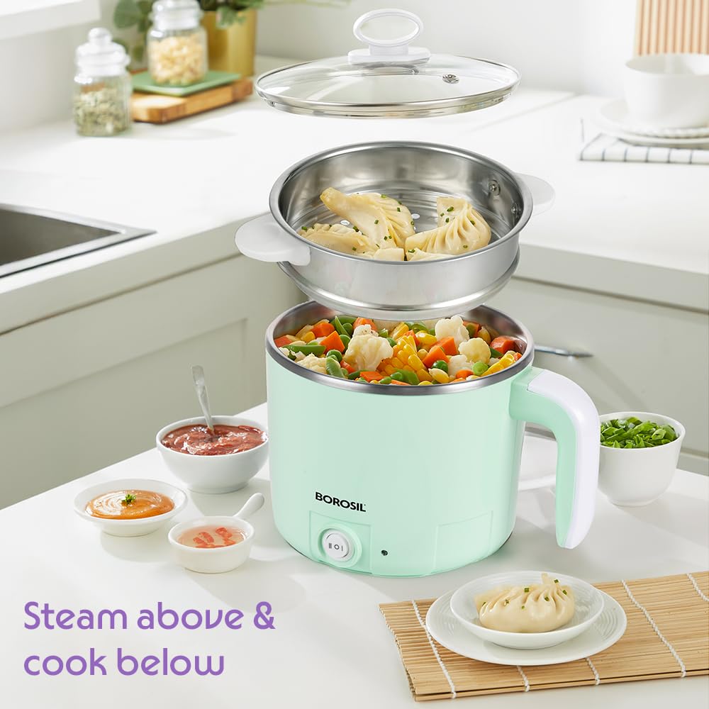 Borosil 1.2L Klassic Made in India Electric Steel Kettle with Steamer | Temperature Control Knob, Overheat Protection | For Boiling & Steaming Vegetables, Momo, Egg, Tea, Coffee | 1 Year Warranty