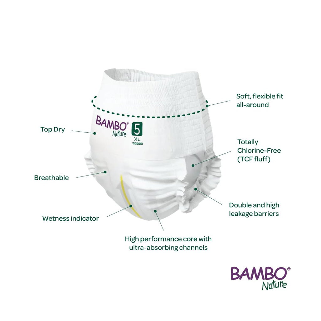 Bambo Nature Premium Baby Pants Diapers for Kids XL Size (12-18 Kgs) - Super Absorbent, Breathable, Extra Soft, Dermatologically Tested, Hypoallergenic Nappies With Wetness Indicator, 57 Count