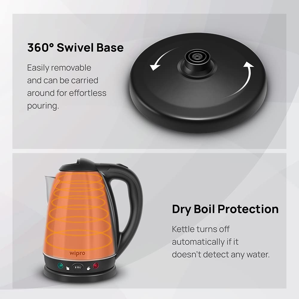 Wipro Vesta 1.8 Litre SS Kettle with Keep warm Function | Auto cut off | Dry Boil Protection & Over Heat Protection | 2 Years Warranty (SS, 1500 Watt)