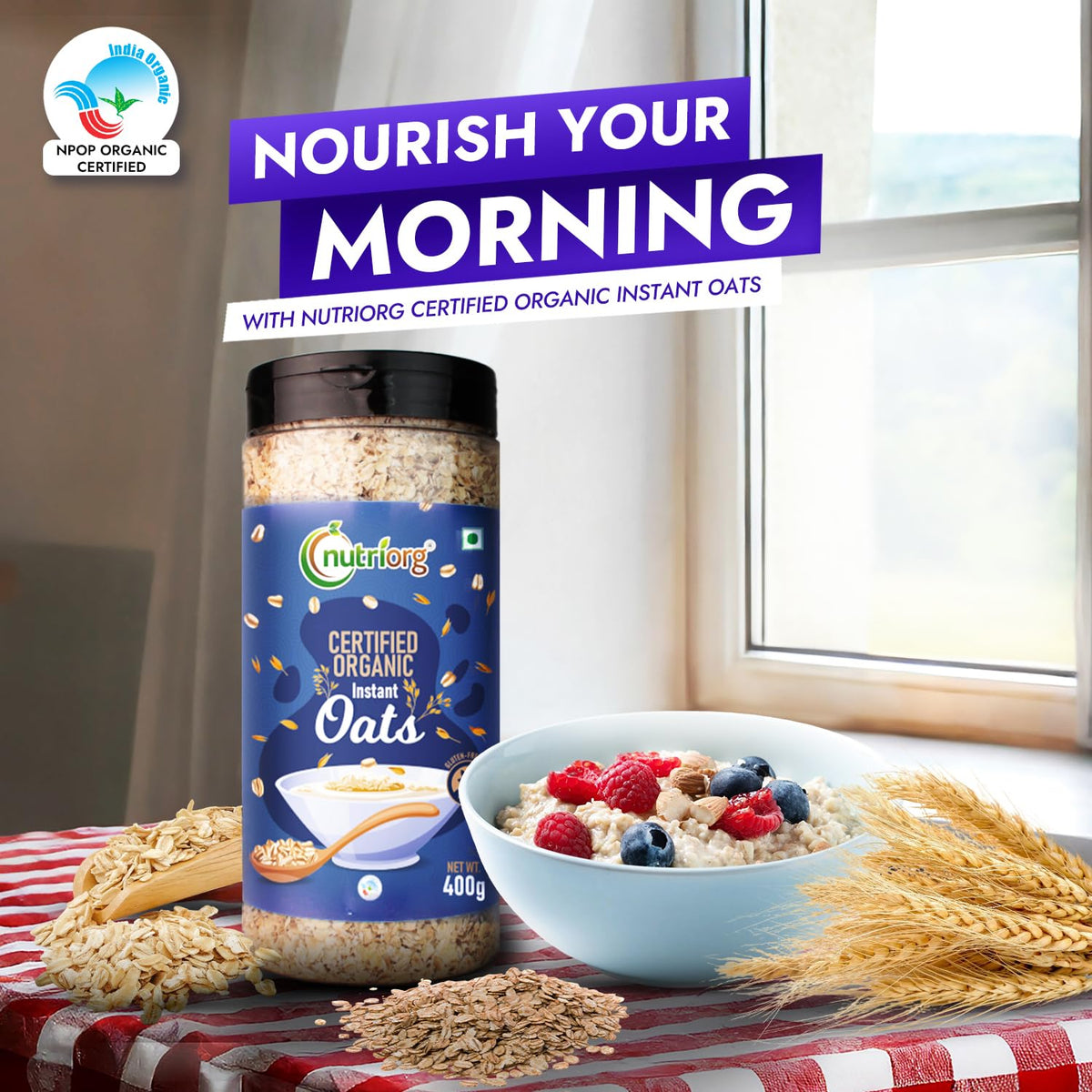 Nutriorg Organic Instant 400g & Steel Cuts Oats 750g (Combo of 2), Gluten Free, Weight Management, Fiber Rich Oats