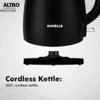 Havells Electric Kettle Altro 1250 Watts 1.5 liters, Double Layered Cool Touch Outer Body | 304 Rust Resistant SS Inner Body with Auto Shut Off | Wider Mouth | 2 Yr Manufacturer Warranty (Black)