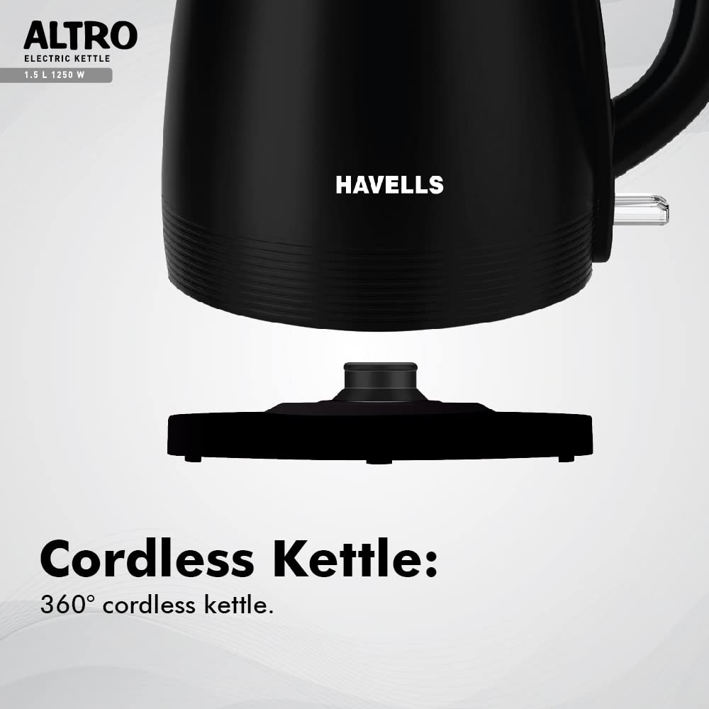 Havells Electric Kettle Altro 1250 Watts 1.5 liters, Double Layered Cool Touch Outer Body | 304 Rust Resistant SS Inner Body with Auto Shut Off | Wider Mouth | 2 Yr Manufacturer Warranty (Black)