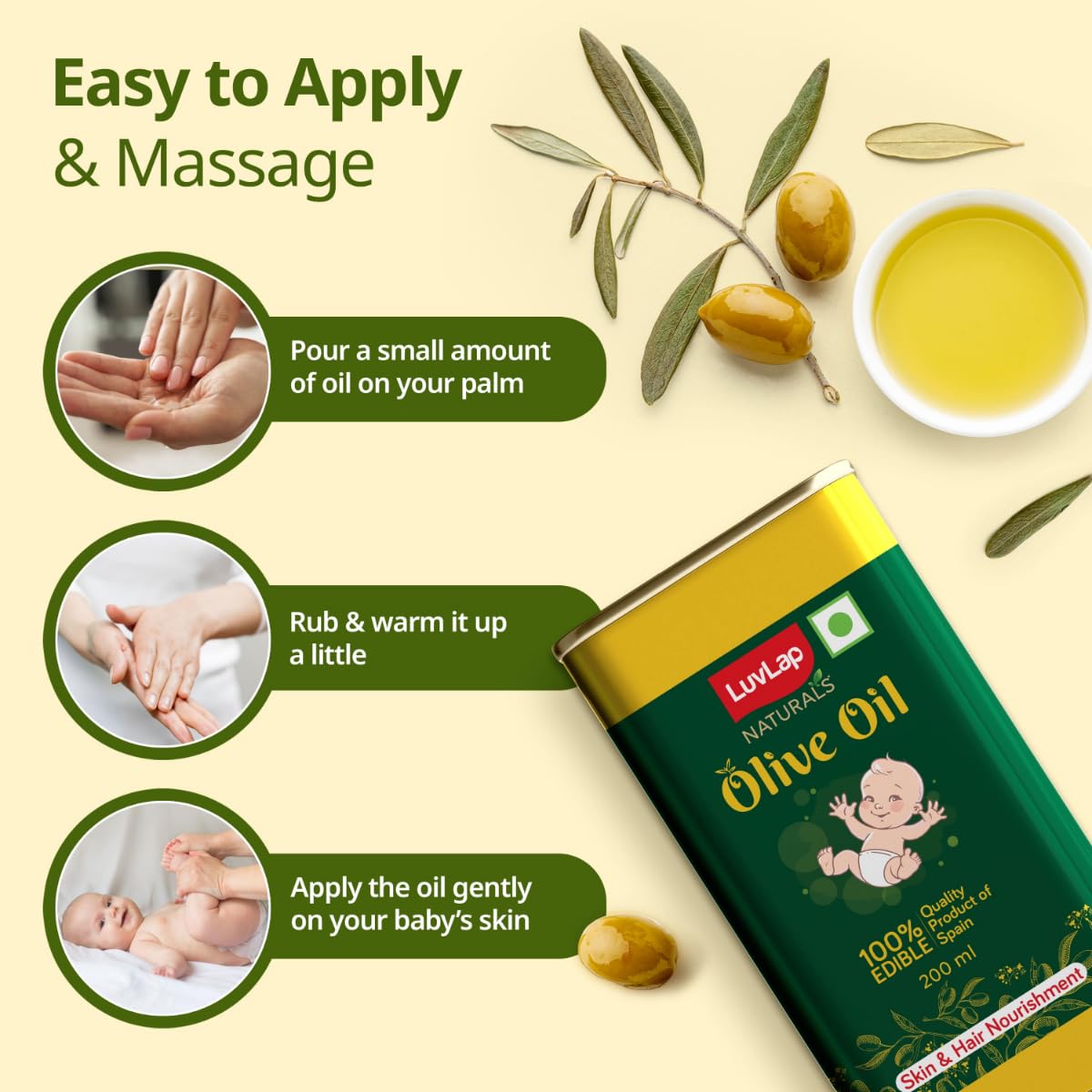 LuvLap Naturals Baby Body Massage Olive Oil, 100% Olive Oil for New Born, 200 ML,