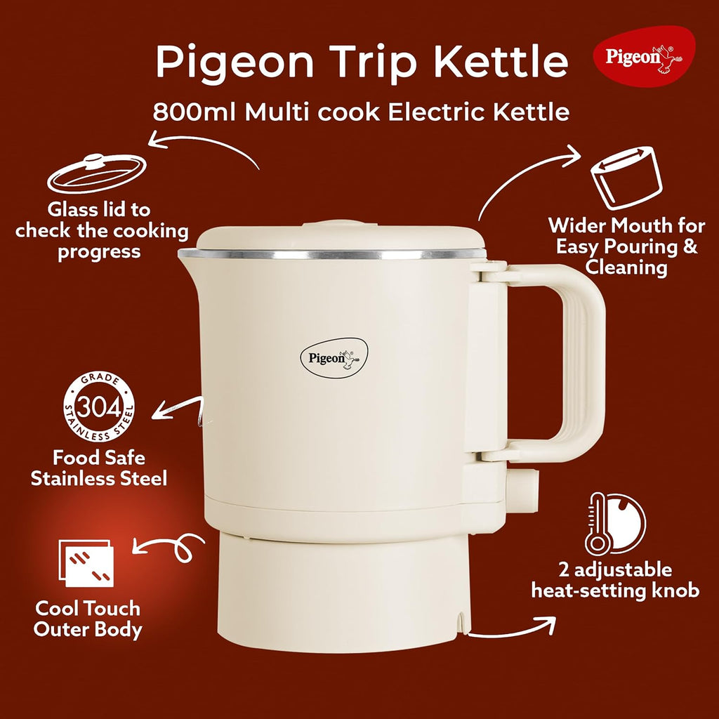 Pigeon Stainless Steel By Stovekraft Trip Multi-Cook Kettle,600 Watts,0.8 Litre, Used For Boiling Water, Making Tea And Coffee, Instant Noodles, Soup Etc (Cream)