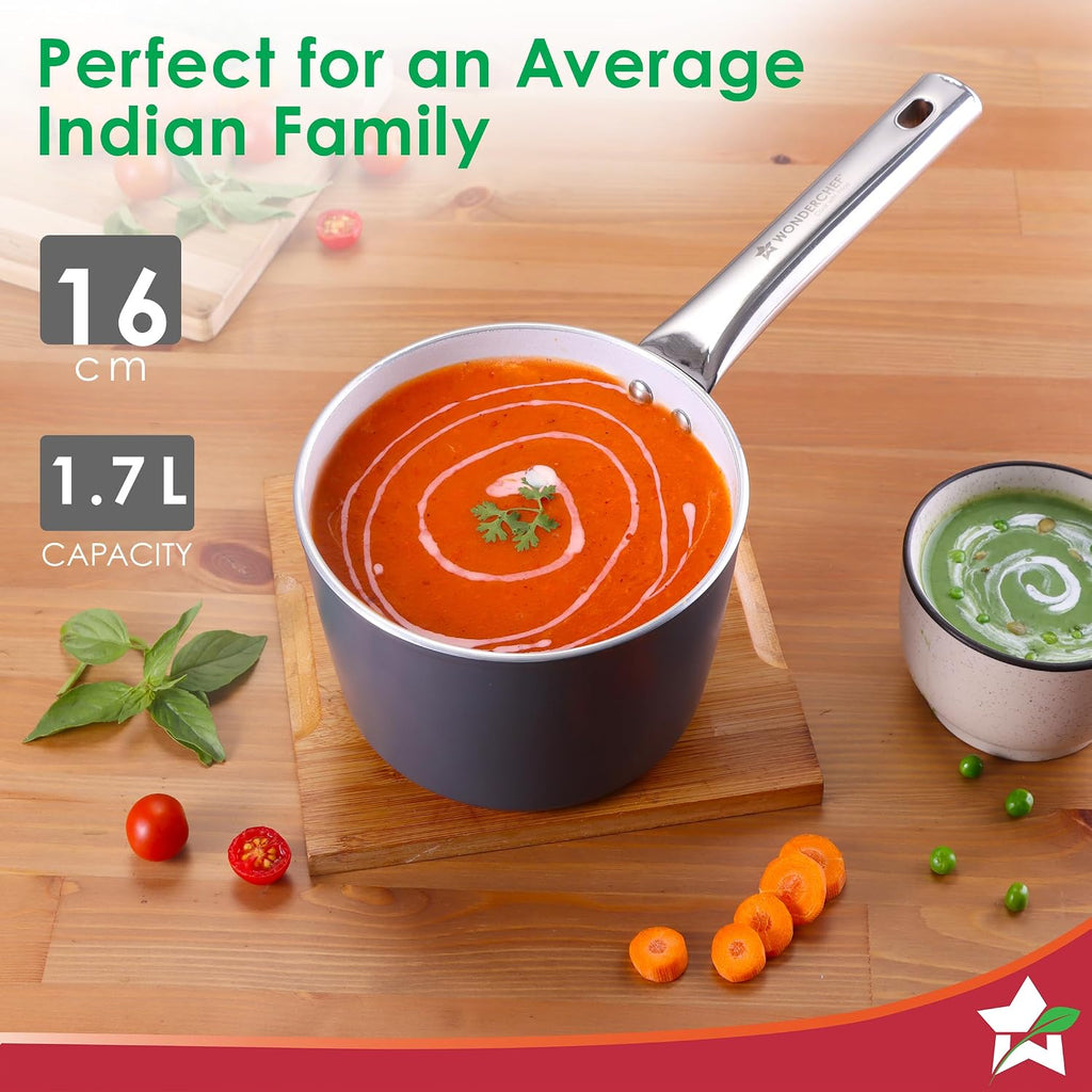 Wonderchef Eco-Glide Saucepan | Chemical-Free Ceramic Coating | 16cm, 1.75L | Healthy, Low Oil Meals | Scratch-Resistant | Stainless-Steel Handle | Gas & Induction Compatible | Grey | Easy to Clean