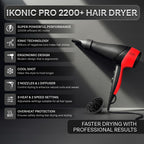 Ikonic Pro 2200+ Hair Dryer, 2200W Powerful AC Motor, Ionic Technology, 2 Speed & 3 Heat Setting, Cool Shot, Low Noise, Hair Diffuser & Nozzle, For Women & Men, All Hair Type (Black & Red)