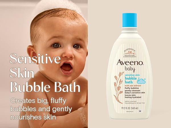 AVEENO BABY Sensitive Skin Bubble Bath with Oat Extract, Gently Cleanses and Leaves Skin Feeling Hydrated, Tear-Free Formula, Hypoallergenic, Paraben-, Phthalate-, Soap- & Dye-Free, 19.2 fl. Oz 568ML