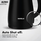 Havells Electric Kettle Altro 1250 Watts 1.5 liters, Double Layered Cool Touch Outer Body | 304 Rust Resistant SS Inner Body with Auto Shut Off | Wider Mouth | 2 Yr Manufacturer Warranty (Black)