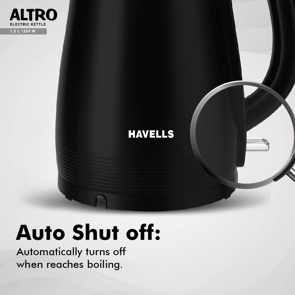 Havells Electric Kettle Altro 1250 Watts 1.5 liters, Double Layered Cool Touch Outer Body | 304 Rust Resistant SS Inner Body with Auto Shut Off | Wider Mouth | 2 Yr Manufacturer Warranty (Black)