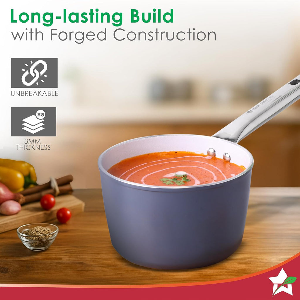 Wonderchef Eco-Glide Saucepan | Chemical-Free Ceramic Coating | 16cm, 1.75L | Healthy, Low Oil Meals | Scratch-Resistant | Stainless-Steel Handle | Gas & Induction Compatible | Grey | Easy to Clean