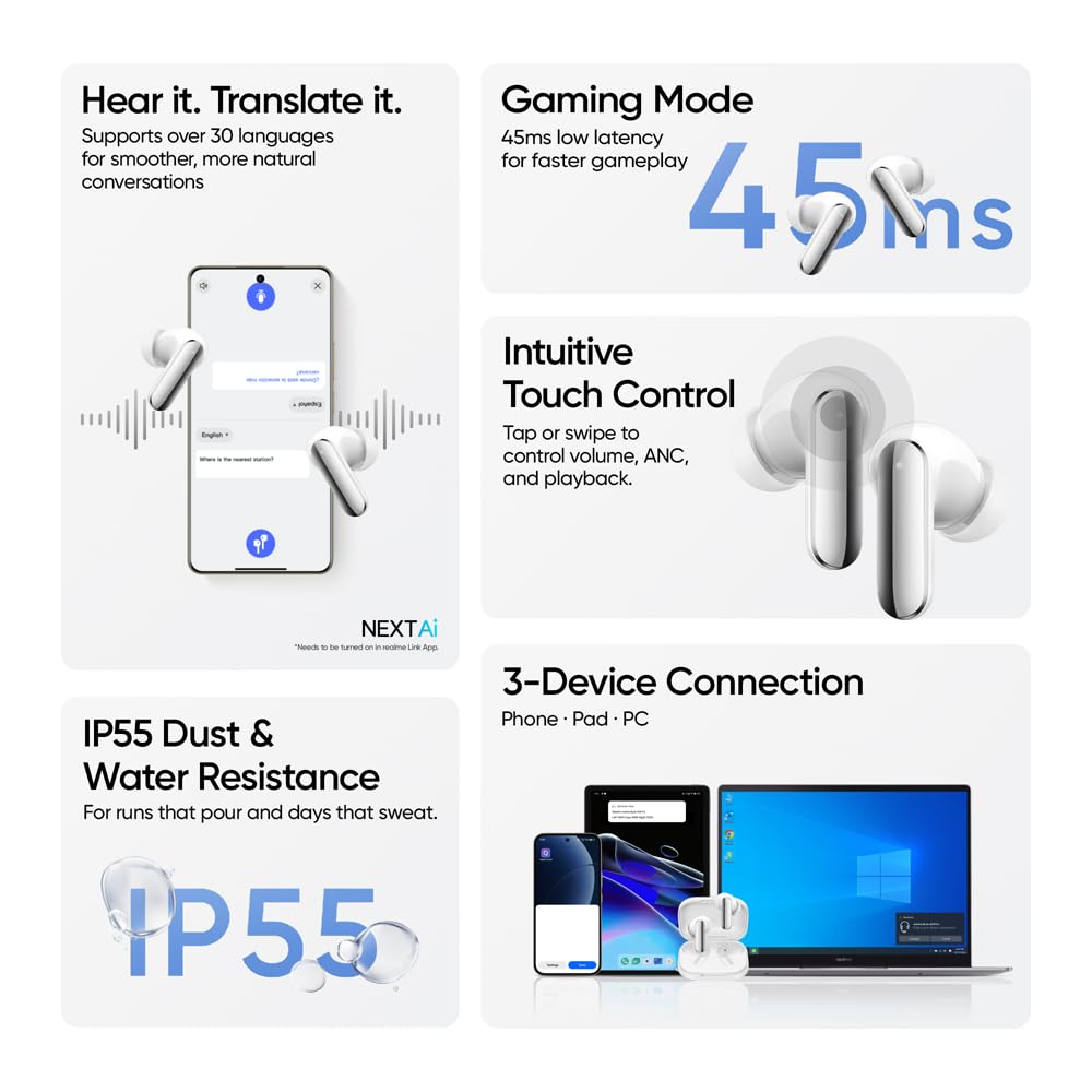 realme Buds Air 8 Pro TWS Earbuds with 11mm+6mm Dual DAC Drivers| 55dB ANC| 6-Mic VPU| 3D Spatial Audio |50H Playtime| IP55 Rating (Master White)