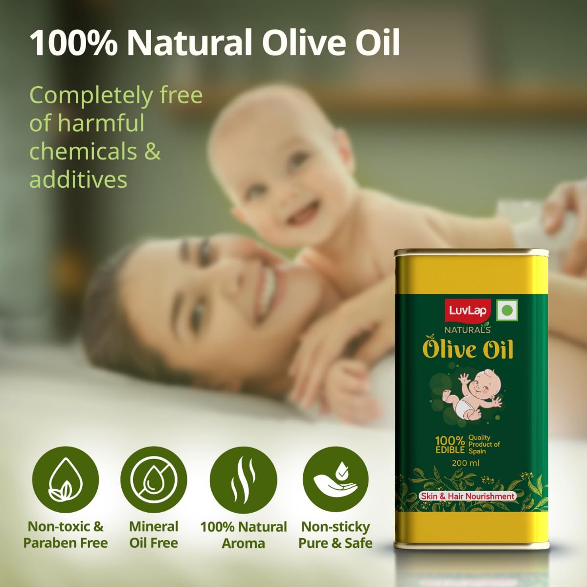 LuvLap Naturals Baby Body Massage Olive Oil, 100% Olive Oil for New Born, 200 ML,