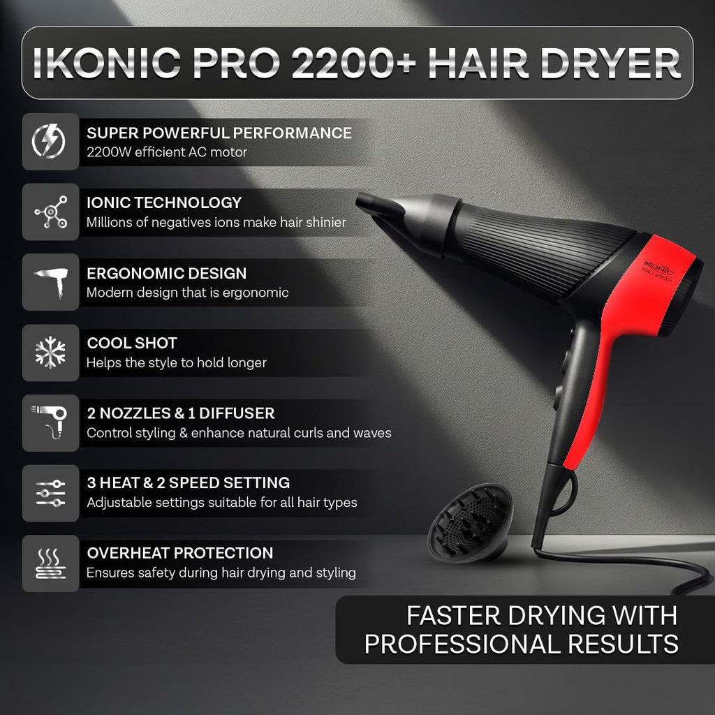 Ikonic Pro 2200+ Hair Dryer, 2200W Powerful AC Motor, Ionic Technology, 2 Speed & 3 Heat Setting, Cool Shot, Low Noise, Hair Diffuser & Nozzle, For Women & Men, All Hair Type (Black & Red)