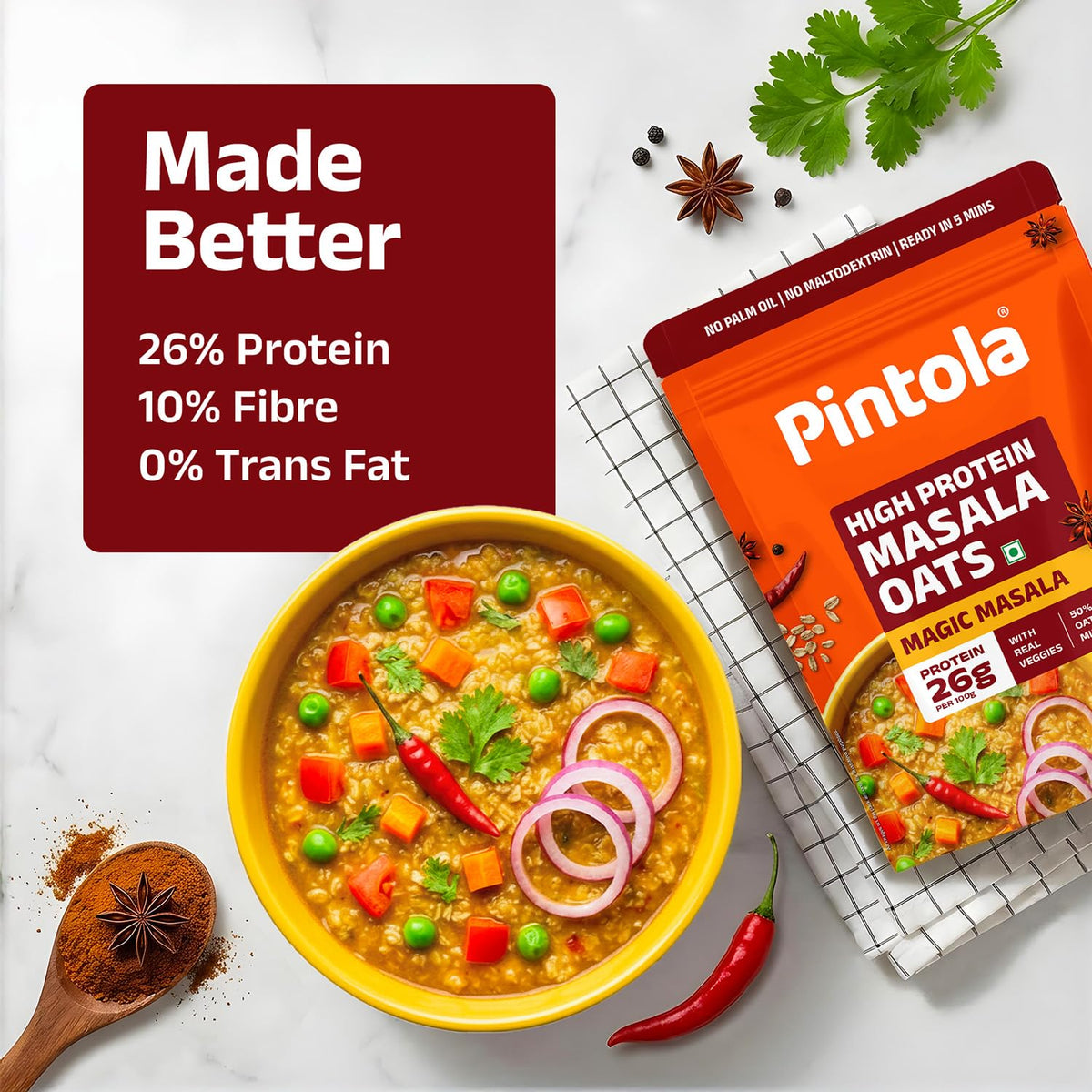 Pintola 26g High Protein Masala Oats 750g, Magic Masala, Breakfast Cereal with High Fiber & Veggies, No Palm Oil, No Preservatives, 5 min Healthy Snack, Helps Manage Weight, Gym Endurance & Gut Friendly