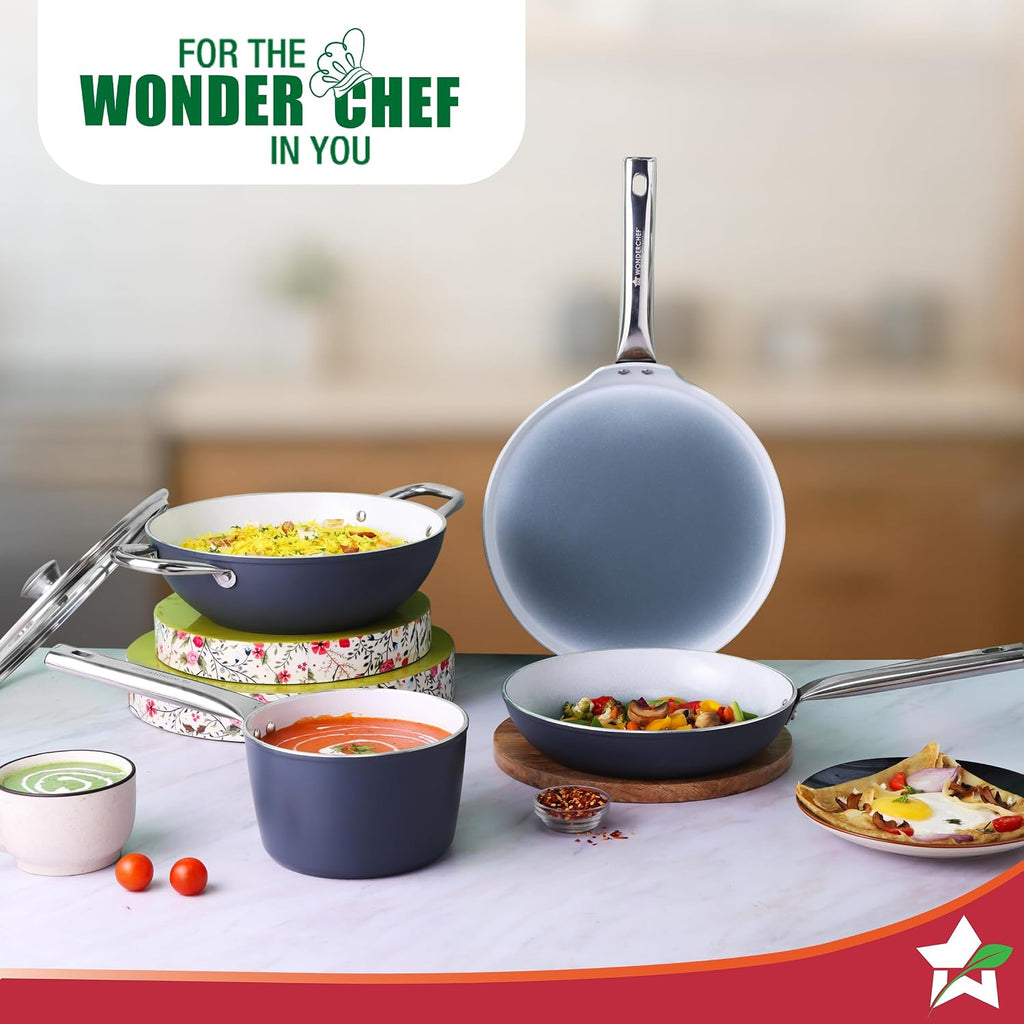 Wonderchef Eco-Glide Saucepan | Chemical-Free Ceramic Coating | 16cm, 1.75L | Healthy, Low Oil Meals | Scratch-Resistant | Stainless-Steel Handle | Gas & Induction Compatible | Grey | Easy to Clean