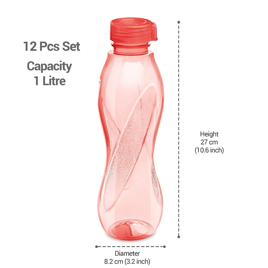 MILTON Oscar 1000 Pet Water Bottles, 1 Litre Each, Set of 12, Red Reusable Plastic Fridge Bottle Set, BPA Free and Leak Proof Bottles for Travel, Work