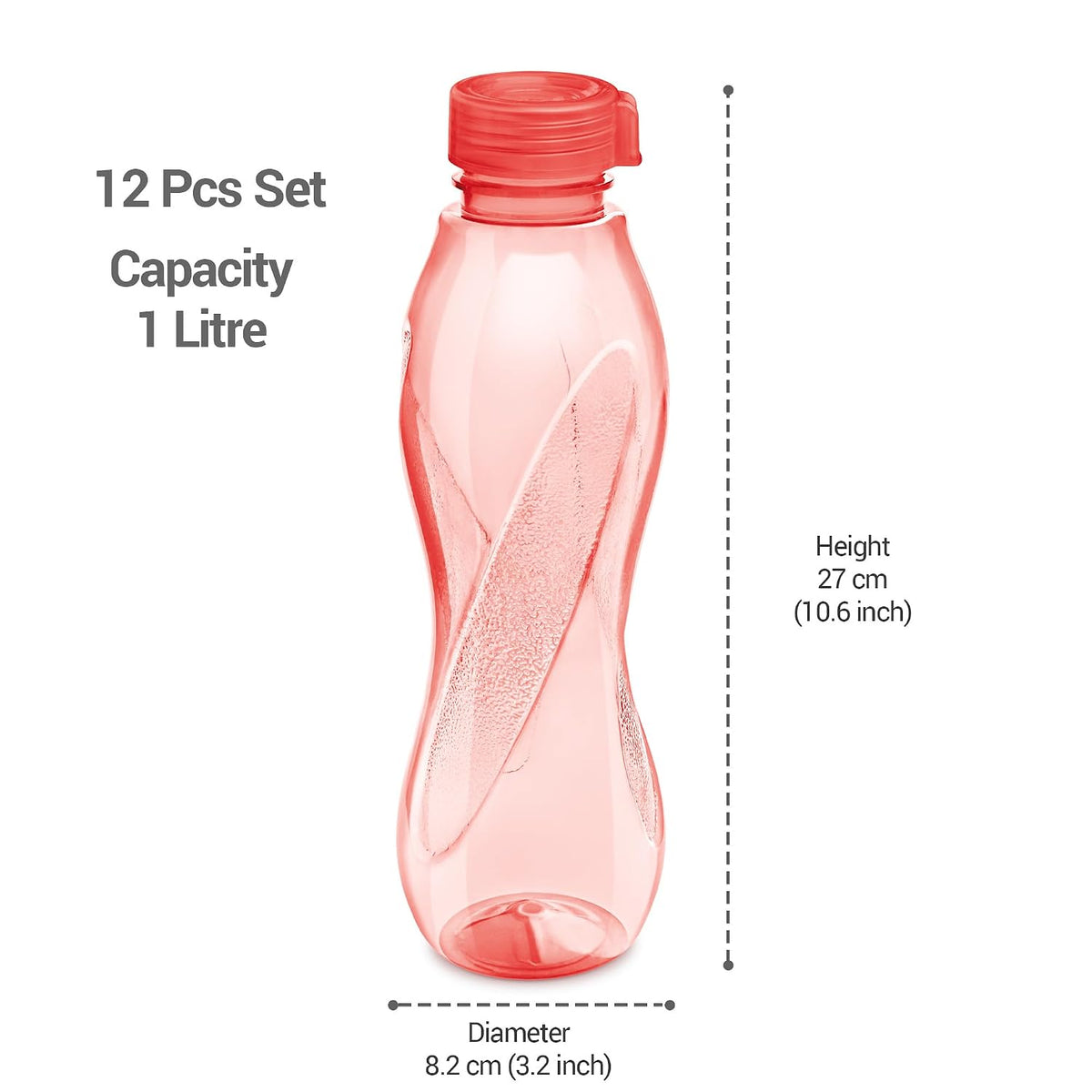 MILTON Oscar 1000 Pet Water Bottles, 1 Litre Each, Set of 12, Red Reusable Plastic Fridge Bottle Set, BPA Free and Leak Proof Bottles for Travel, Work