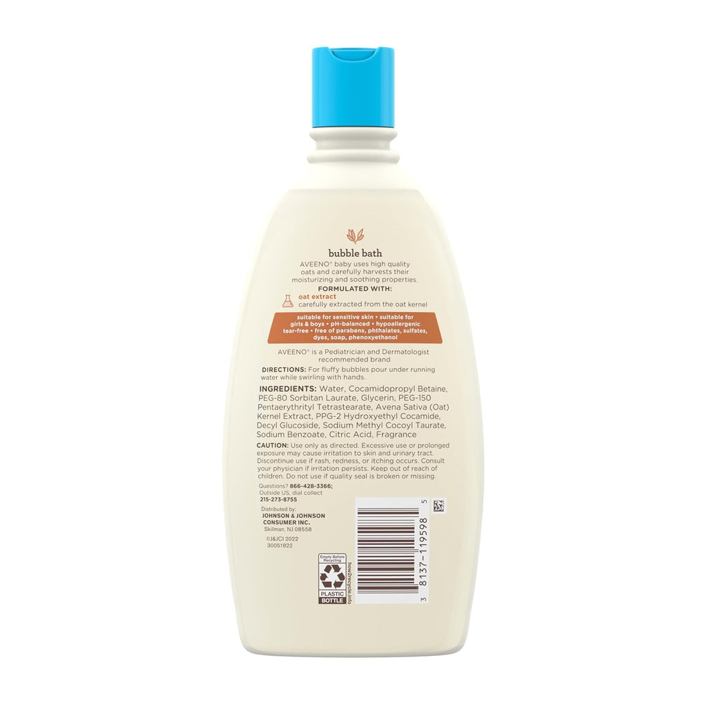 AVEENO BABY Sensitive Skin Bubble Bath with Oat Extract, Gently Cleanses and Leaves Skin Feeling Hydrated, Tear-Free Formula, Hypoallergenic, Paraben-, Phthalate-, Soap- & Dye-Free, 19.2 fl. Oz 568ML