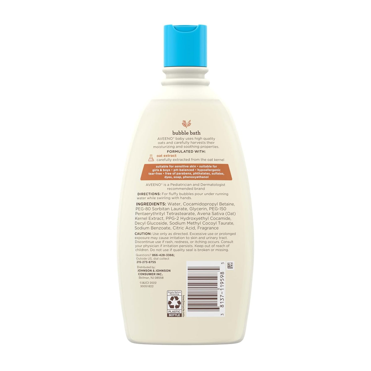 AVEENO BABY Sensitive Skin Bubble Bath with Oat Extract, Gently Cleanses and Leaves Skin Feeling Hydrated, Tear-Free Formula, Hypoallergenic, Paraben-, Phthalate-, Soap- & Dye-Free, 19.2 fl. Oz 568ML