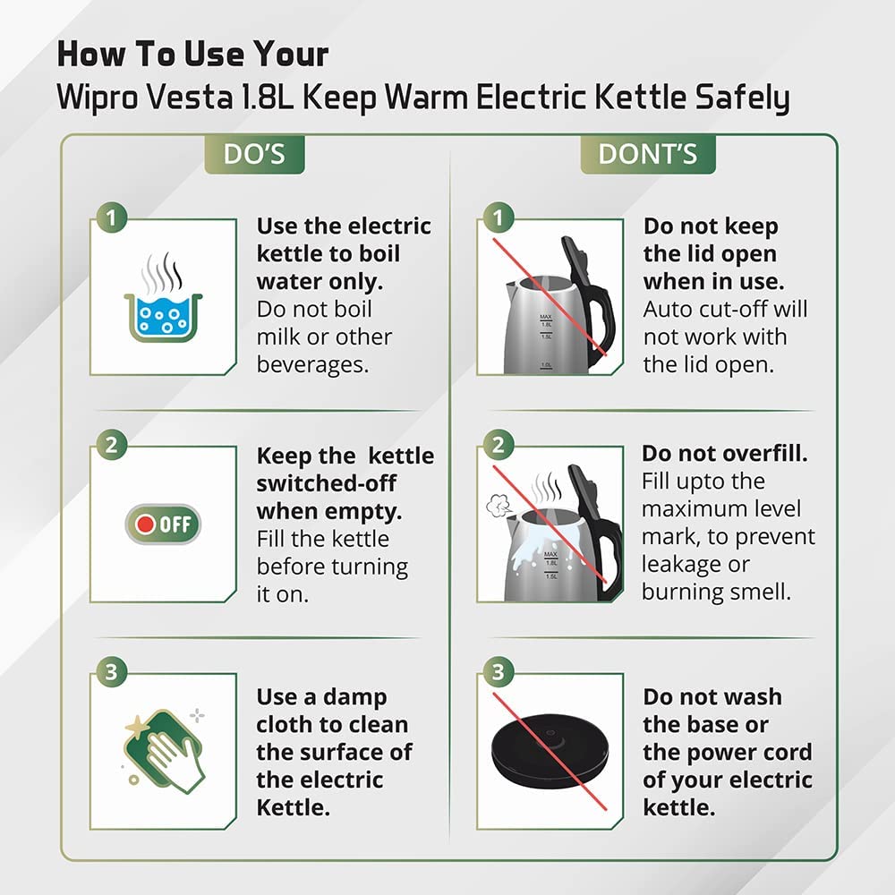 Wipro Vesta 1.8 Litre SS Kettle with Keep warm Function | Auto cut off | Dry Boil Protection & Over Heat Protection | 2 Years Warranty (SS, 1500 Watt)