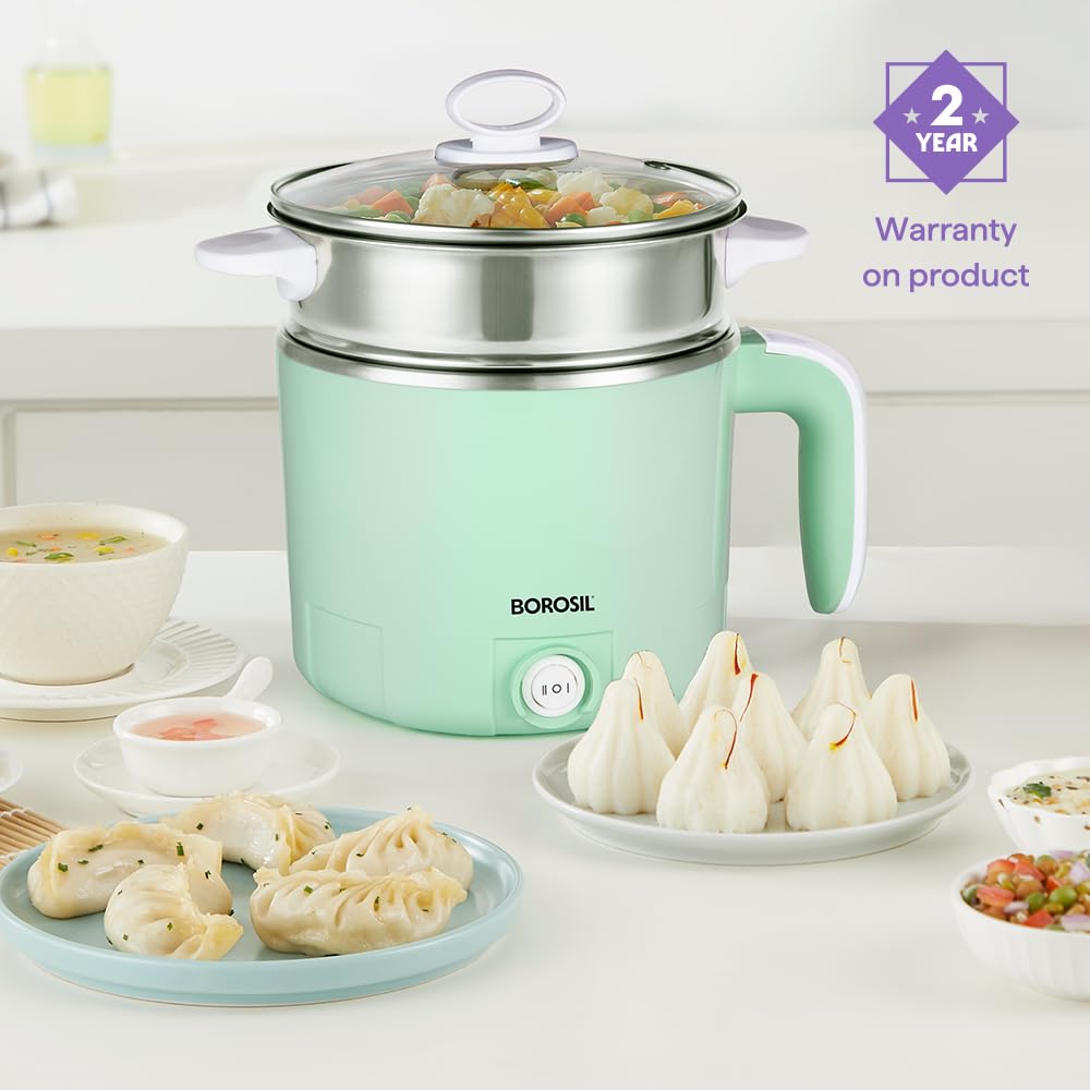 Borosil 1.2L Klassic Made in India Electric Steel Kettle with Steamer | Temperature Control Knob, Overheat Protection | For Boiling & Steaming Vegetables, Momo, Egg, Tea, Coffee | 1 Year Warranty