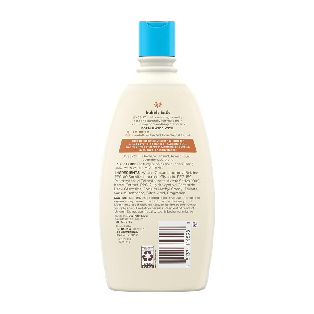 AVEENO BABY Sensitive Skin Bubble Bath with Oat Extract, Gently Cleanses and Leaves Skin Feeling Hydrated, Tear-Free Formula, Hypoallergenic, Paraben-, Phthalate-, Soap- & Dye-Free, 19.2 fl. Oz 568ML