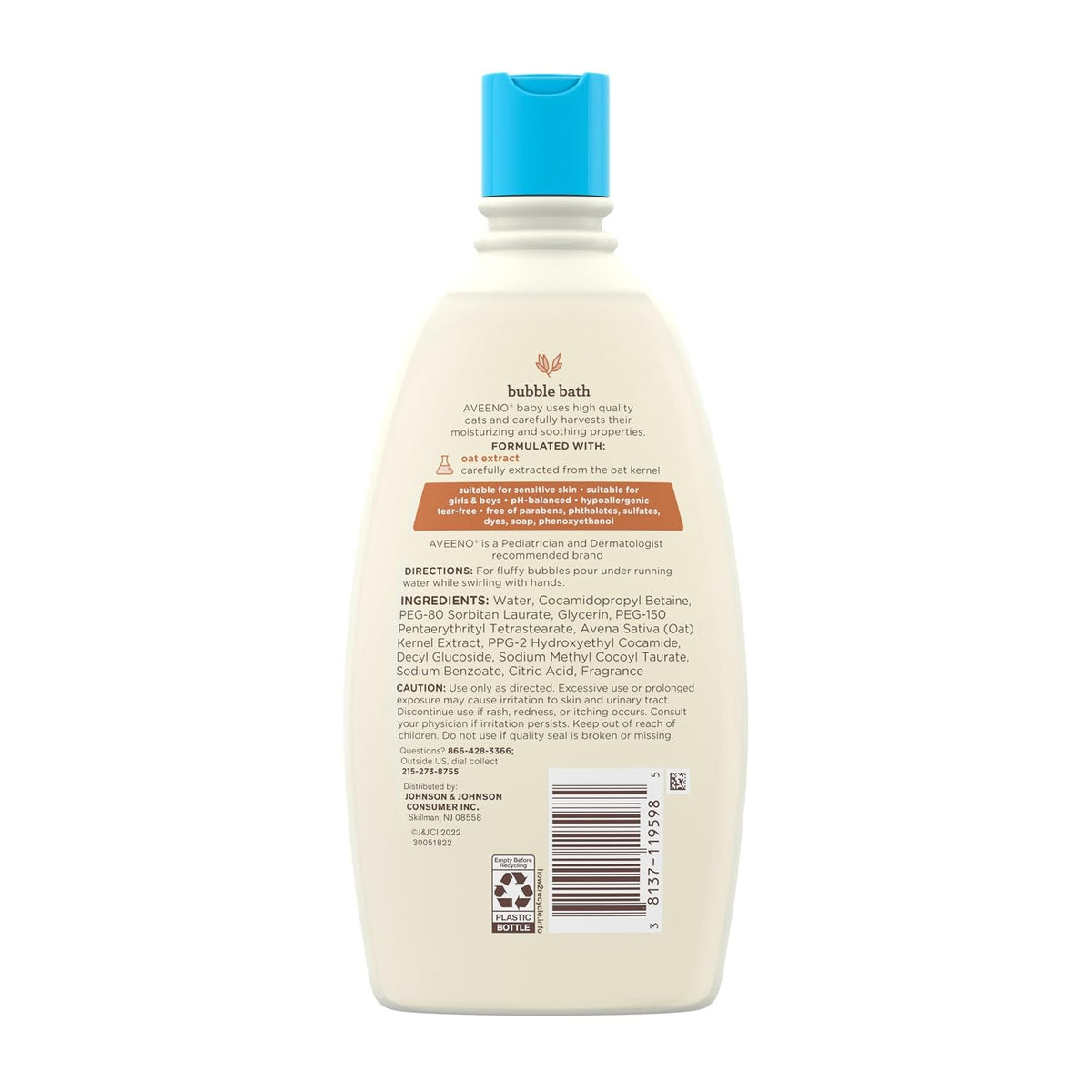 AVEENO BABY Sensitive Skin Bubble Bath with Oat Extract, Gently Cleanses and Leaves Skin Feeling Hydrated, Tear-Free Formula, Hypoallergenic, Paraben-, Phthalate-, Soap- & Dye-Free, 19.2 fl. Oz 568ML