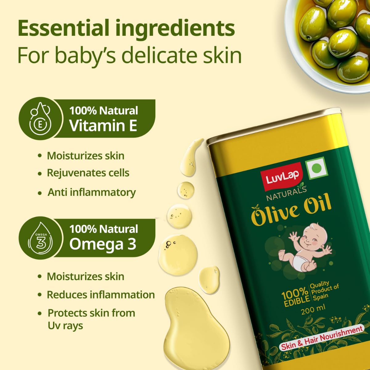 LuvLap Naturals Baby Body Massage Olive Oil, 100% Olive Oil for New Born, 200 ML,