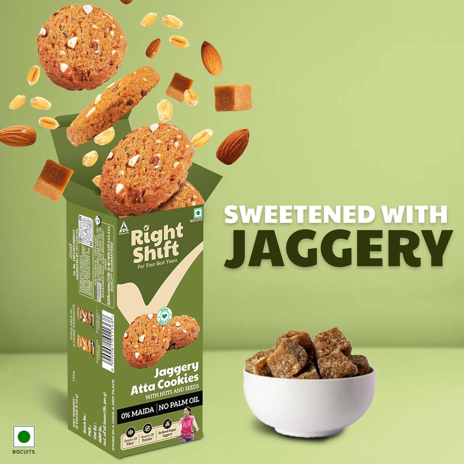 Right Shift Jaggery Atta Cookies, 3 x120g