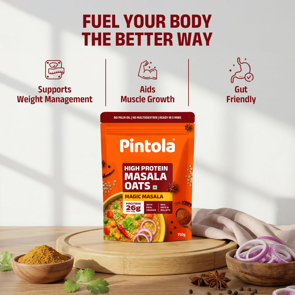 Pintola 26g High Protein Masala Oats 750g, Magic Masala, Breakfast Cereal with High Fiber & Veggies, No Palm Oil, No Preservatives, 5 min Healthy Snack, Helps Manage Weight, Gym Endurance & Gut Friendly