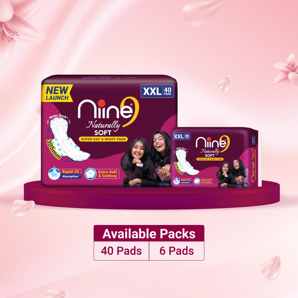 Niine Naturally Soft XXL Extra Soft & Cottony Sanitary Pads for Women | 305mm Long | 120 Pads, Pack of 3 | Super Day & Night Pads | Rapid 2X Absorption